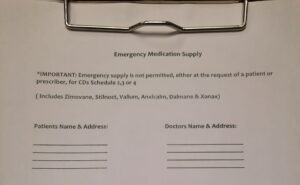 emergency medication supply sheet on a clipboard